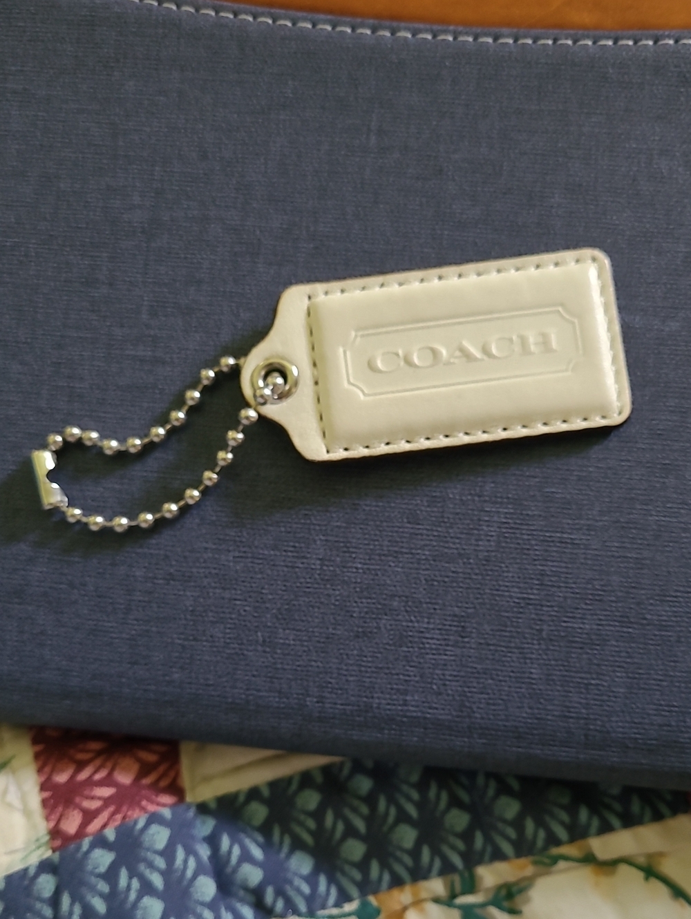 COACH Cream Leather Tag Key & Card Holder with Silver Ball Chain